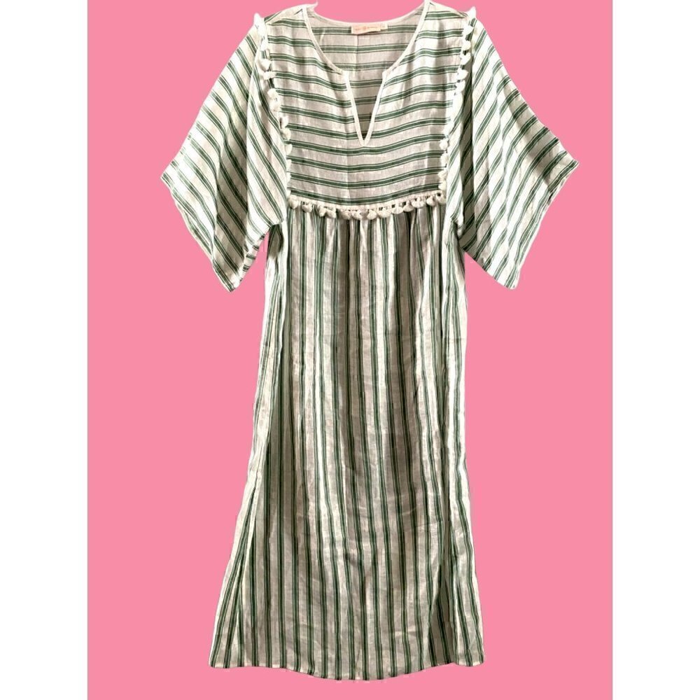 Tory Burch Striped Linen Caftan Size Small Midi Green White Tassels Swim coverup